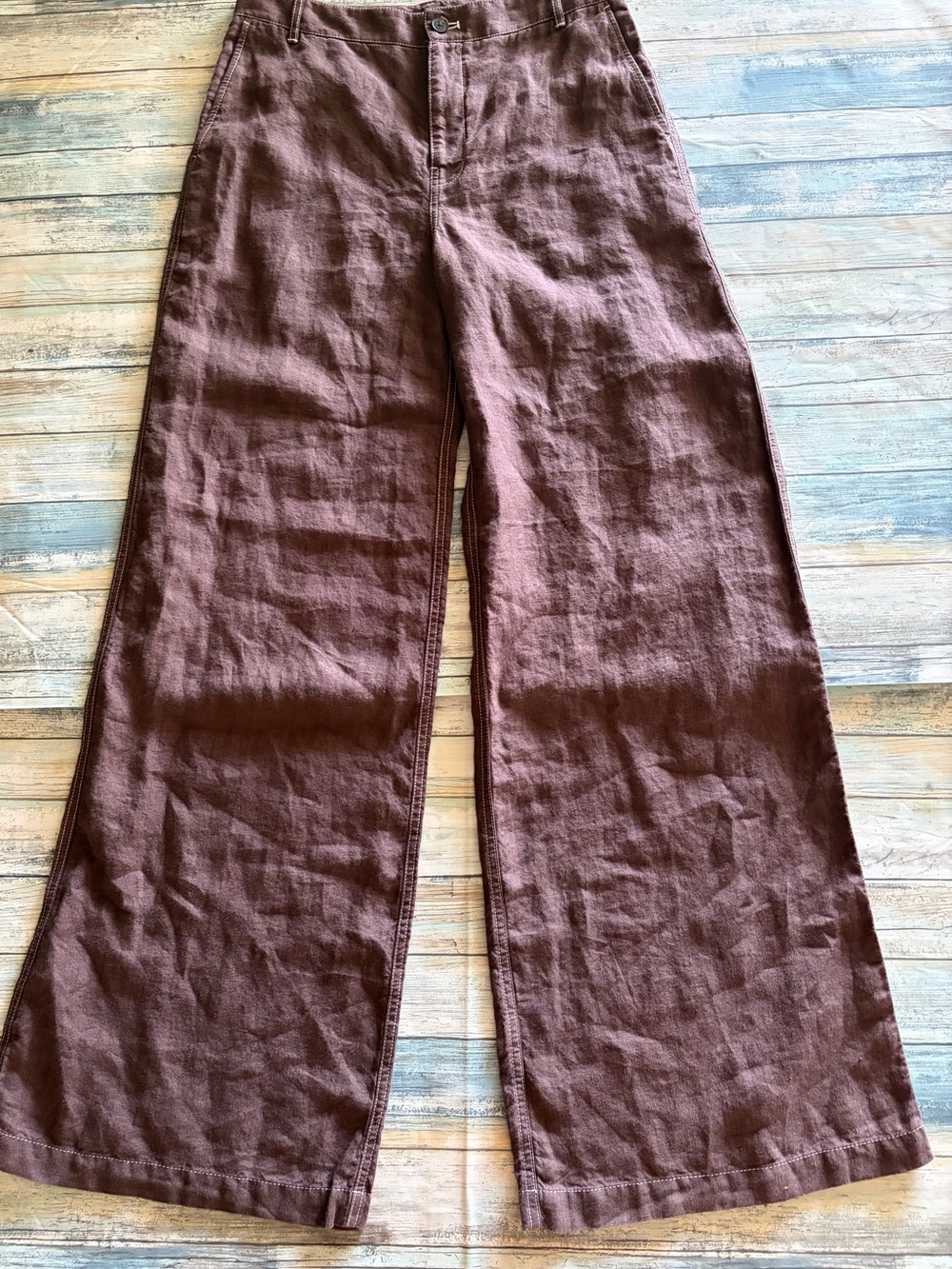 Madewell Zoe Floppy Wide-Leg Linen Pants in Dark Brown/White Stitching Size 6 - Picture 4 of 11